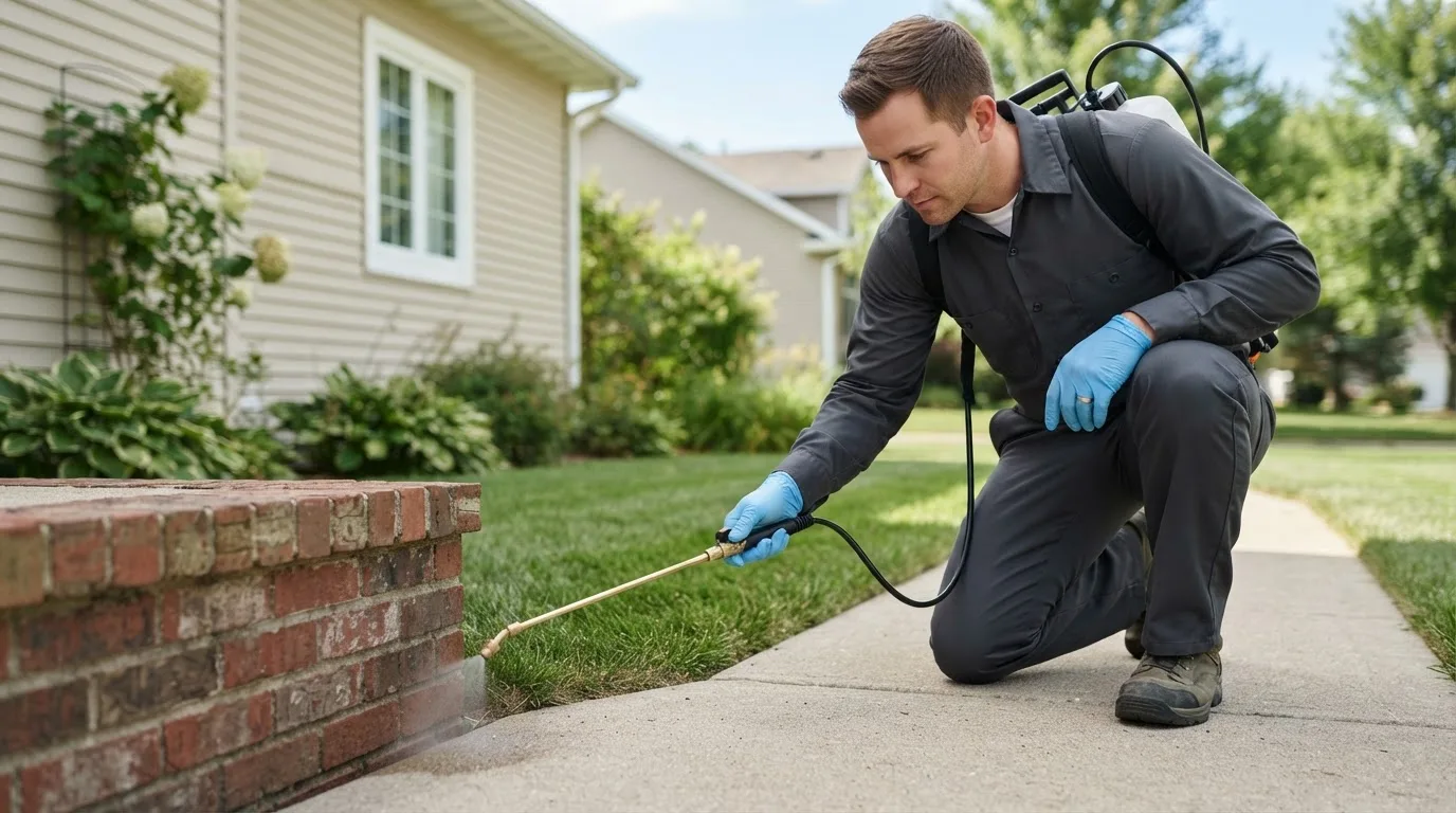 Pest control technician treating a home near South Dennis, MA